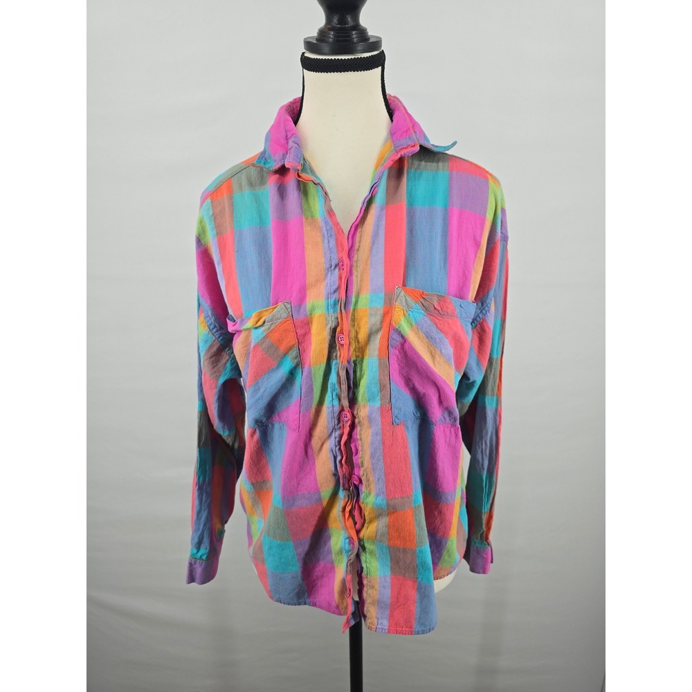 Phool Womens Multi Color Plaid Button Down Shirt Long Sleeve Cotton Small 1548